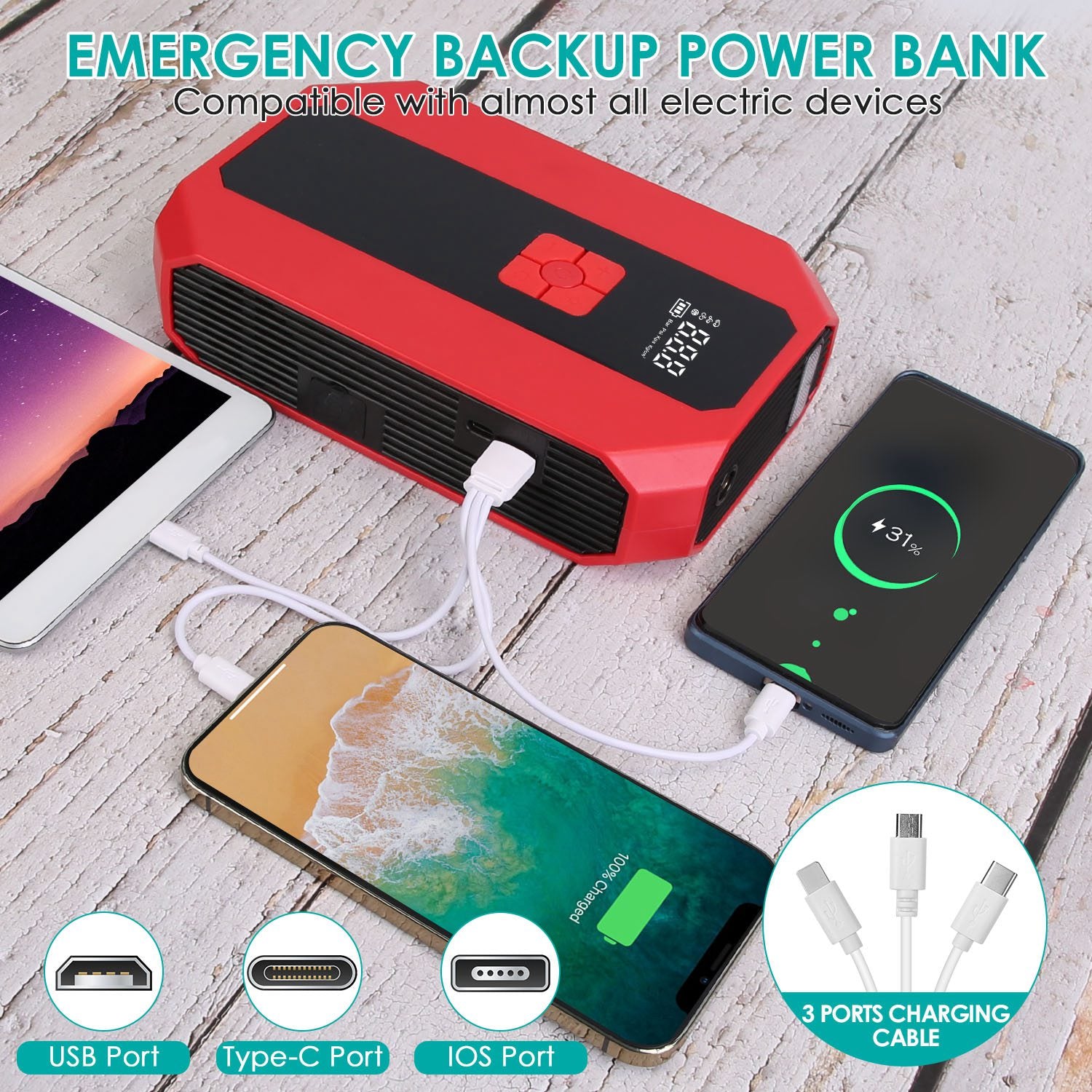 vroomtech™ 4 in 1 power bank/ compressor/ jump starter/ led flashlight- 20000 mAh.