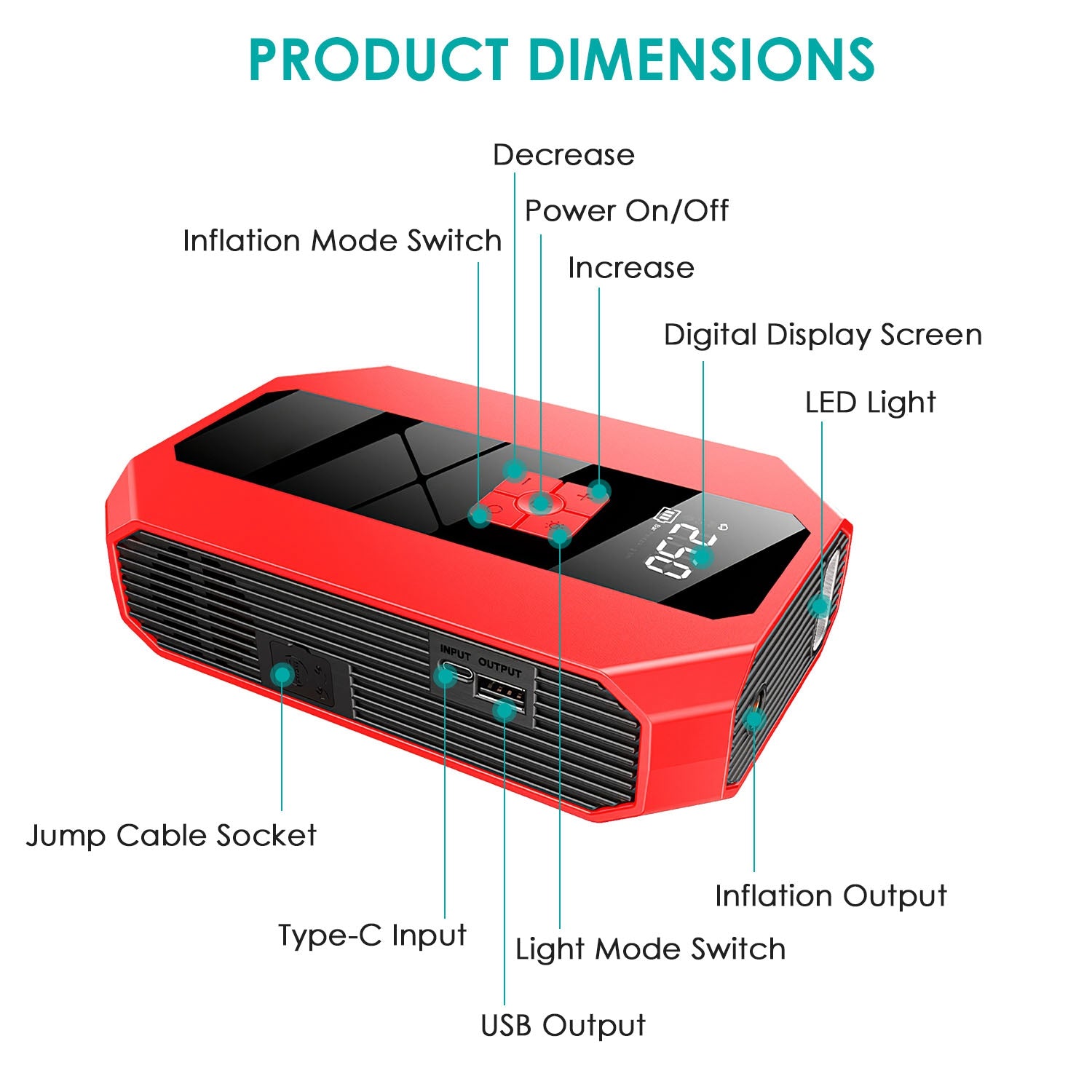 vroomtech™ 4 in 1 power bank/ compressor/ jump starter/ led flashlight- 20000 mAh.