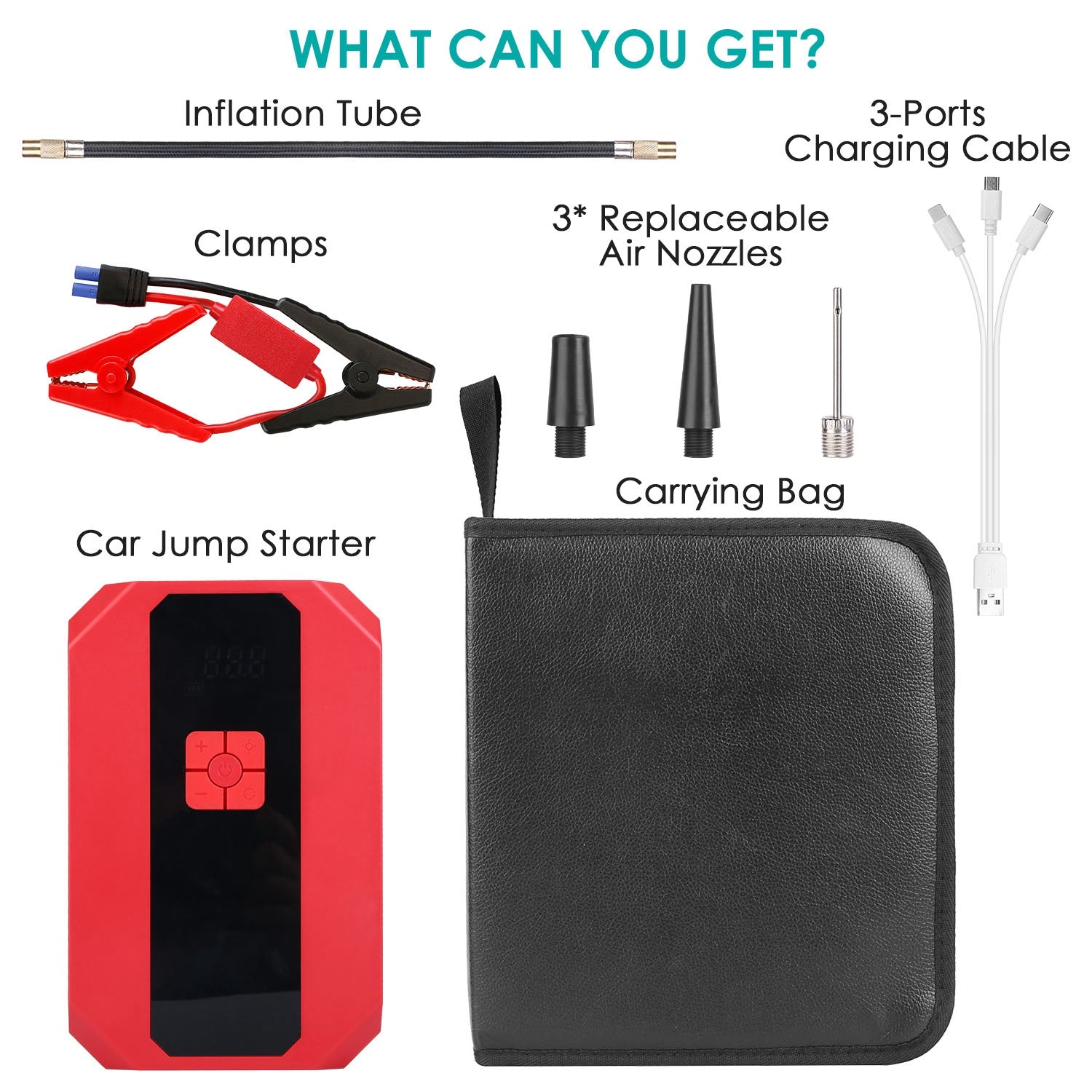 vroomtech™ 4 in 1 power bank/ compressor/ jump starter/ led flashlight- 20000 mAh.